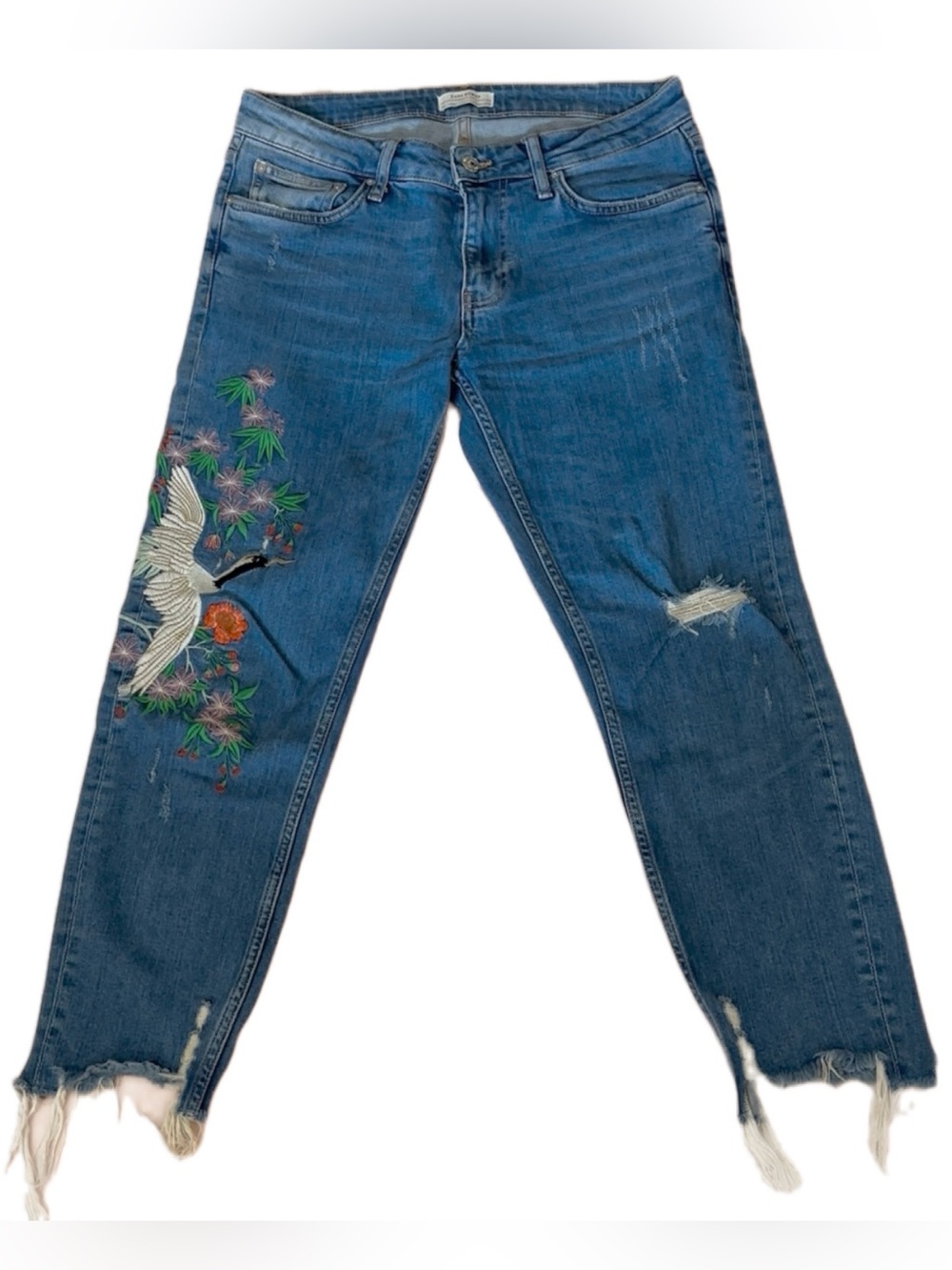 Zara Denim Cropped Raw Hem Distressed Jeans With Embroidery, Size 26